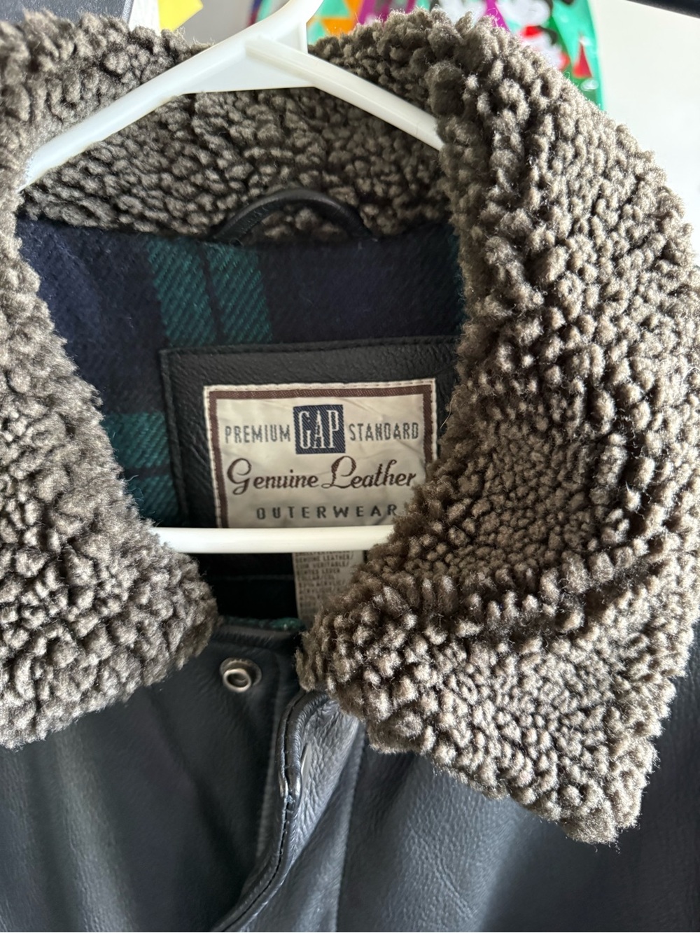 GAP Black Leather Field Jacket with Brown Sherpa Collar - Picture 2 of 3